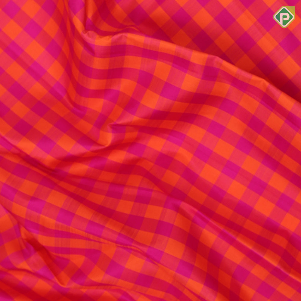 Pink and orange multi checks design contrast blue gold zari retta pett border traditional silk saree