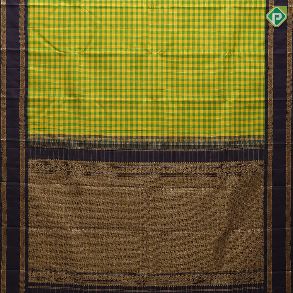 Green and yellow gold zari checks design brown gold zari retta pattai border traditional silk saree