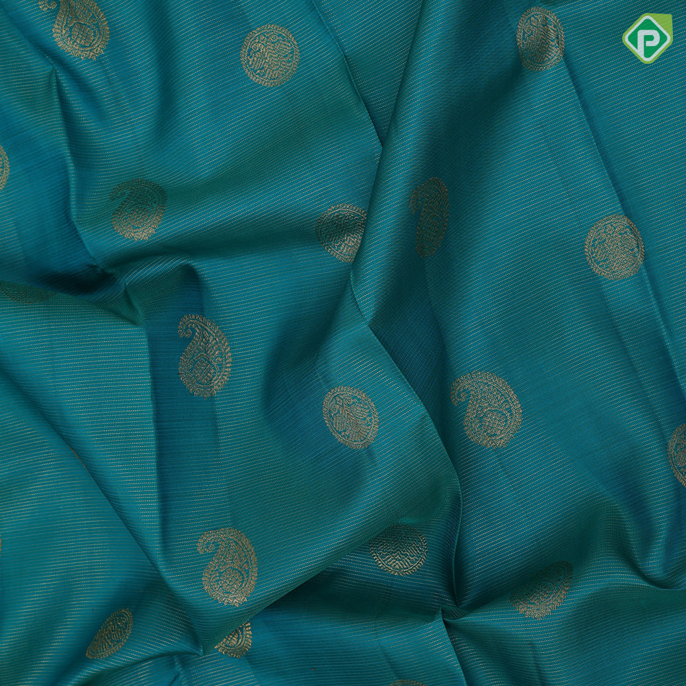 Teal green gold zari vairaoosi mango kandapiranda butta design self gold zari zig zag design border traditional vintage silk saree