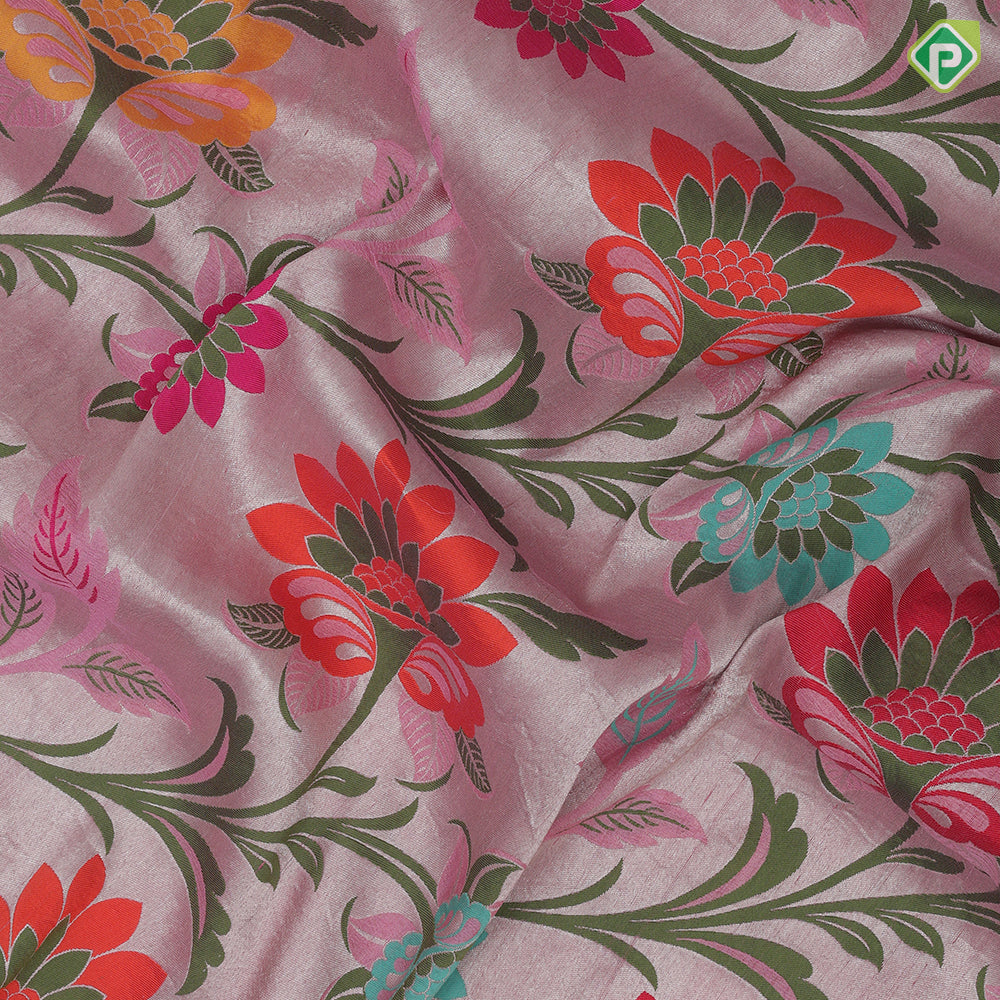 Pewter pink multi color meena work banaras design self designed border tusser tissue saree