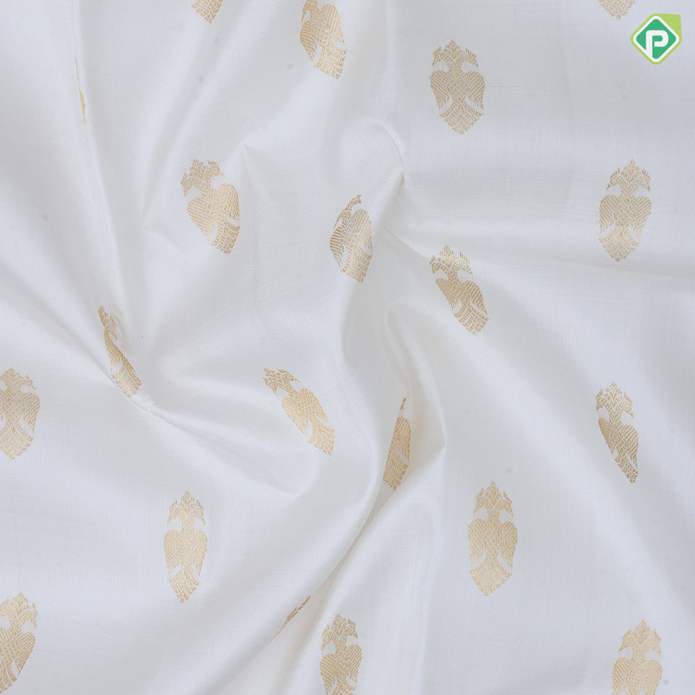 Pure white gold zari gandapiranda butta motifs self gold zari bavanji border traditional silk saree