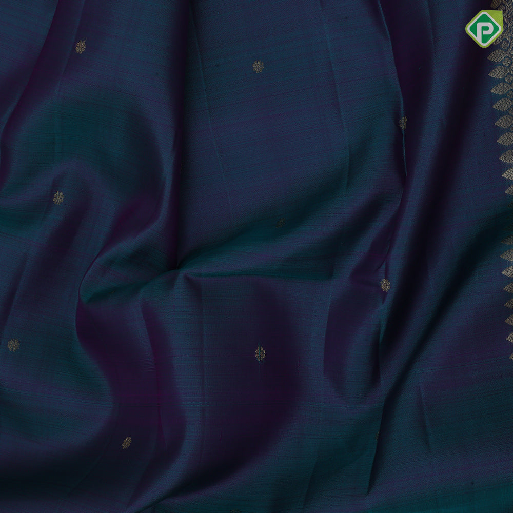 Peacock blue small butta dual tone design self gold zari high border traditional silk saree