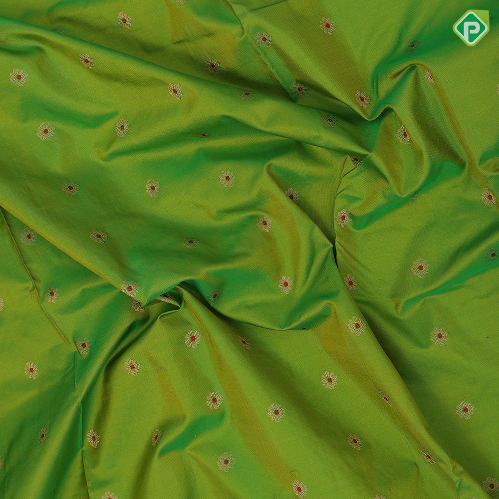 parrot green gold zari flower butta design pink paithani work border and pallu banaras silk saree