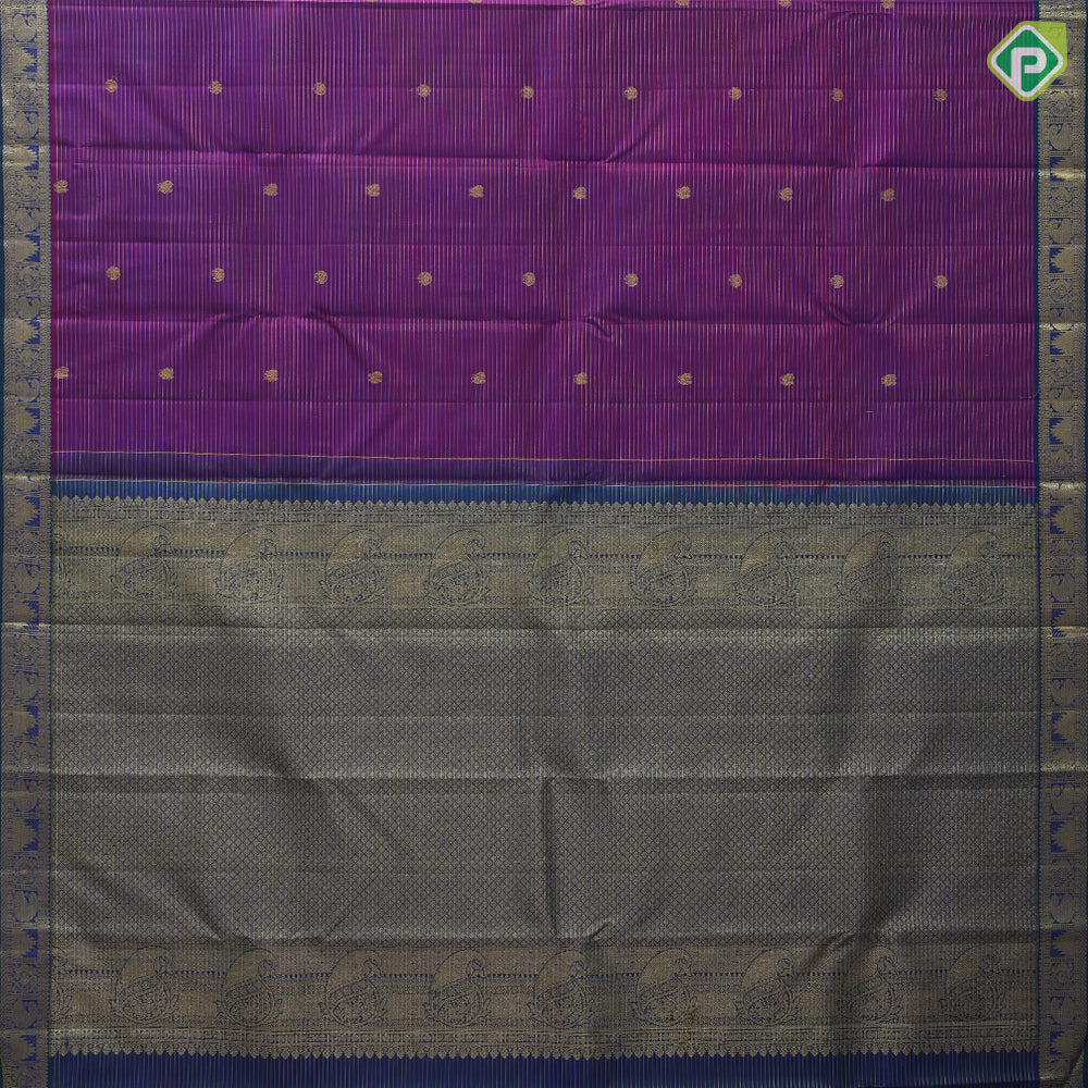 Purple Gold Zari Vairaoosi Lines Peacock Charaga Motif Design Peacock Blue Manga Temple Reck Peacock Border Design Traditional Silk Saree