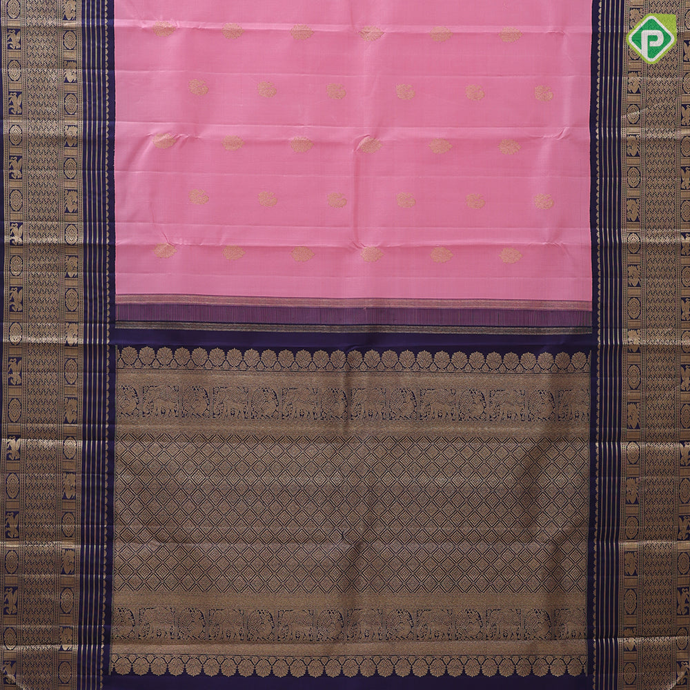 Pale pink gold zari peacock butta contrast blue gold zari multi design lines border vintage silk saree