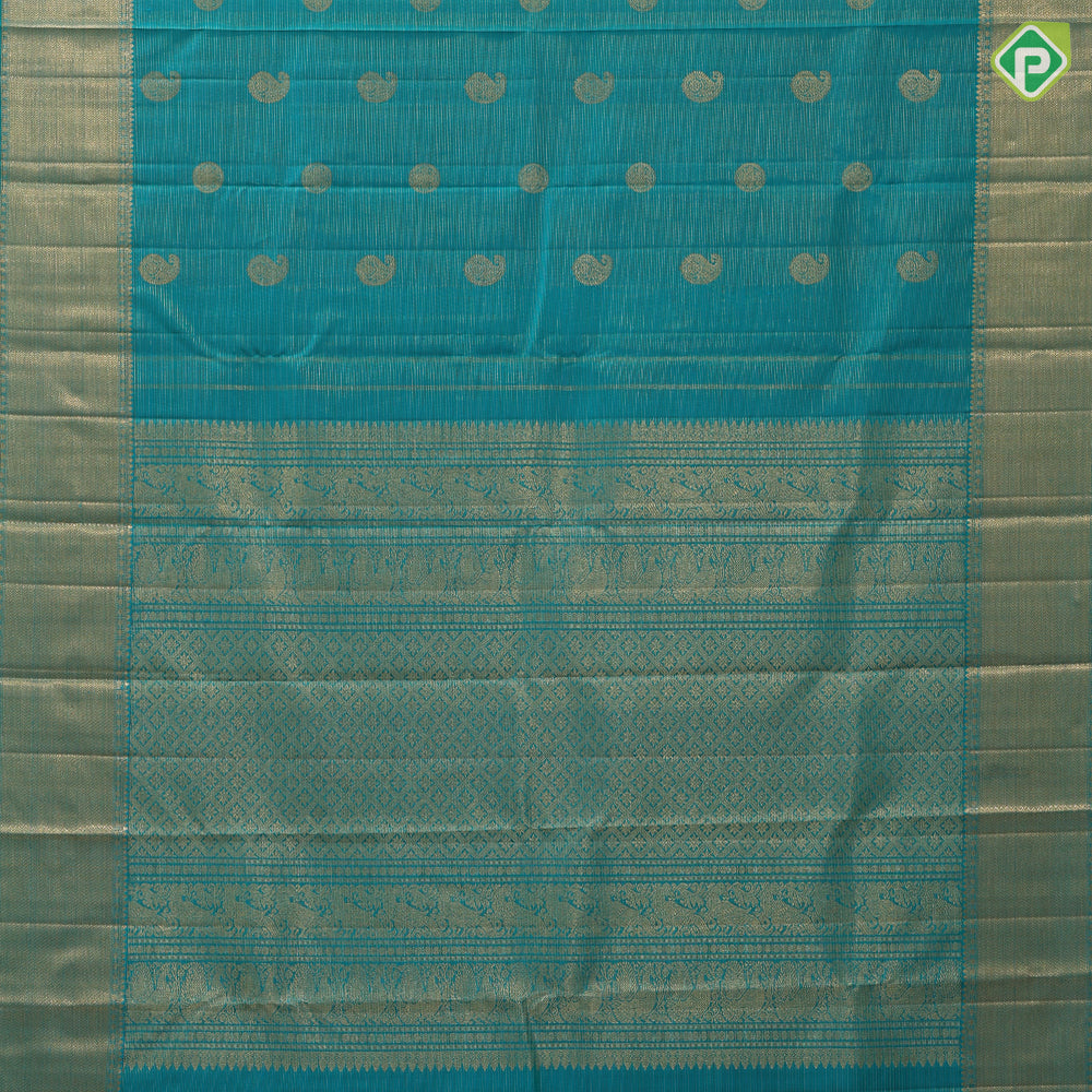 Teal green gold zari vairaoosi mango kandapiranda butta design self gold zari zig zag design border traditional vintage silk saree