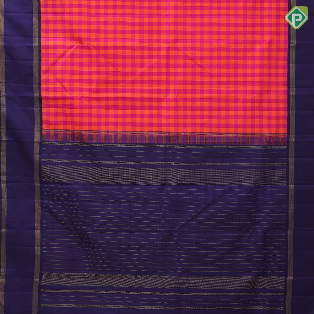 Pink and orange multi checks design contrast blue gold zari retta pett border traditional silk saree