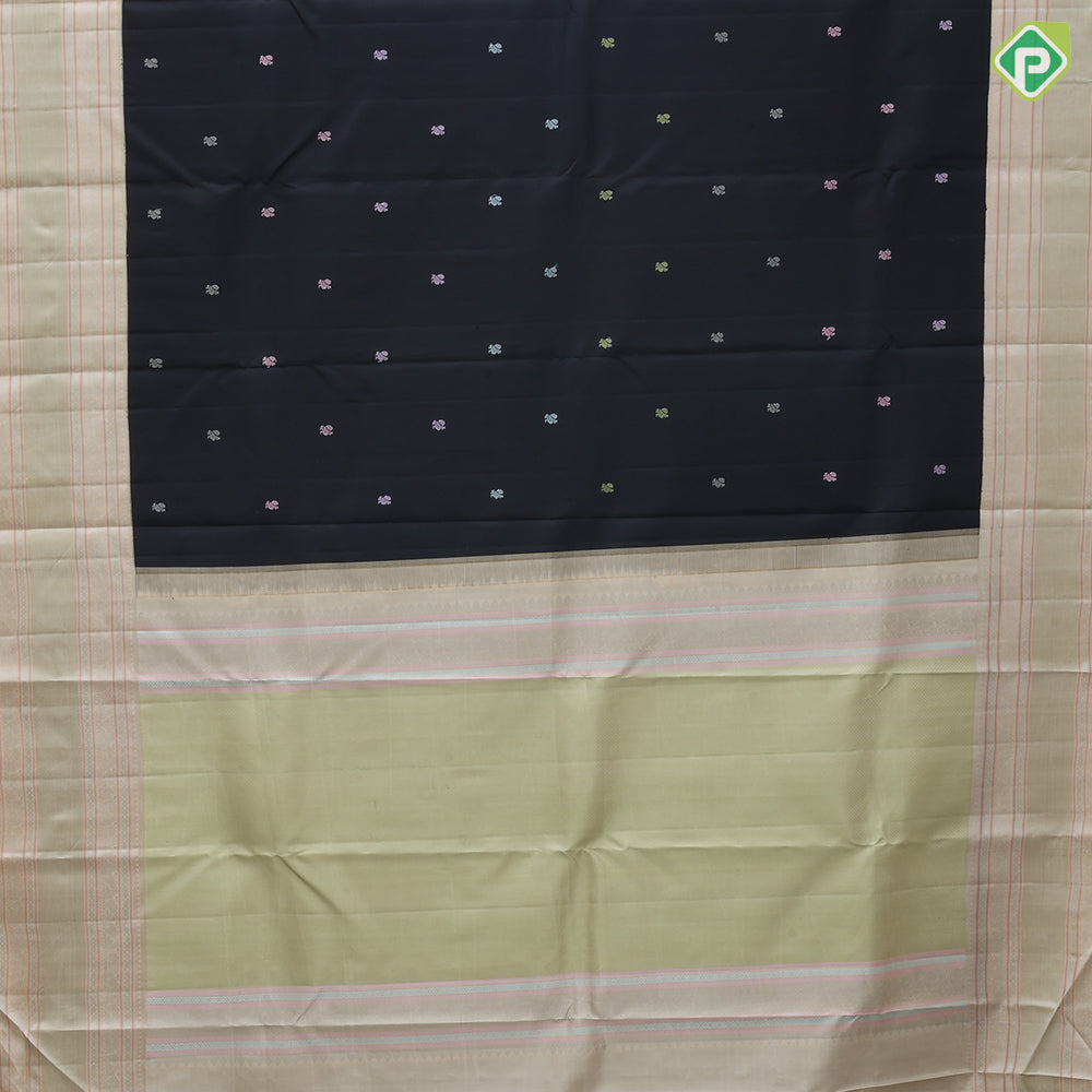 Black Colour Thread Peacock Butta Design Cream White Peacock Mayilkan Kamalam Border Design Luxury Black Silk Saree