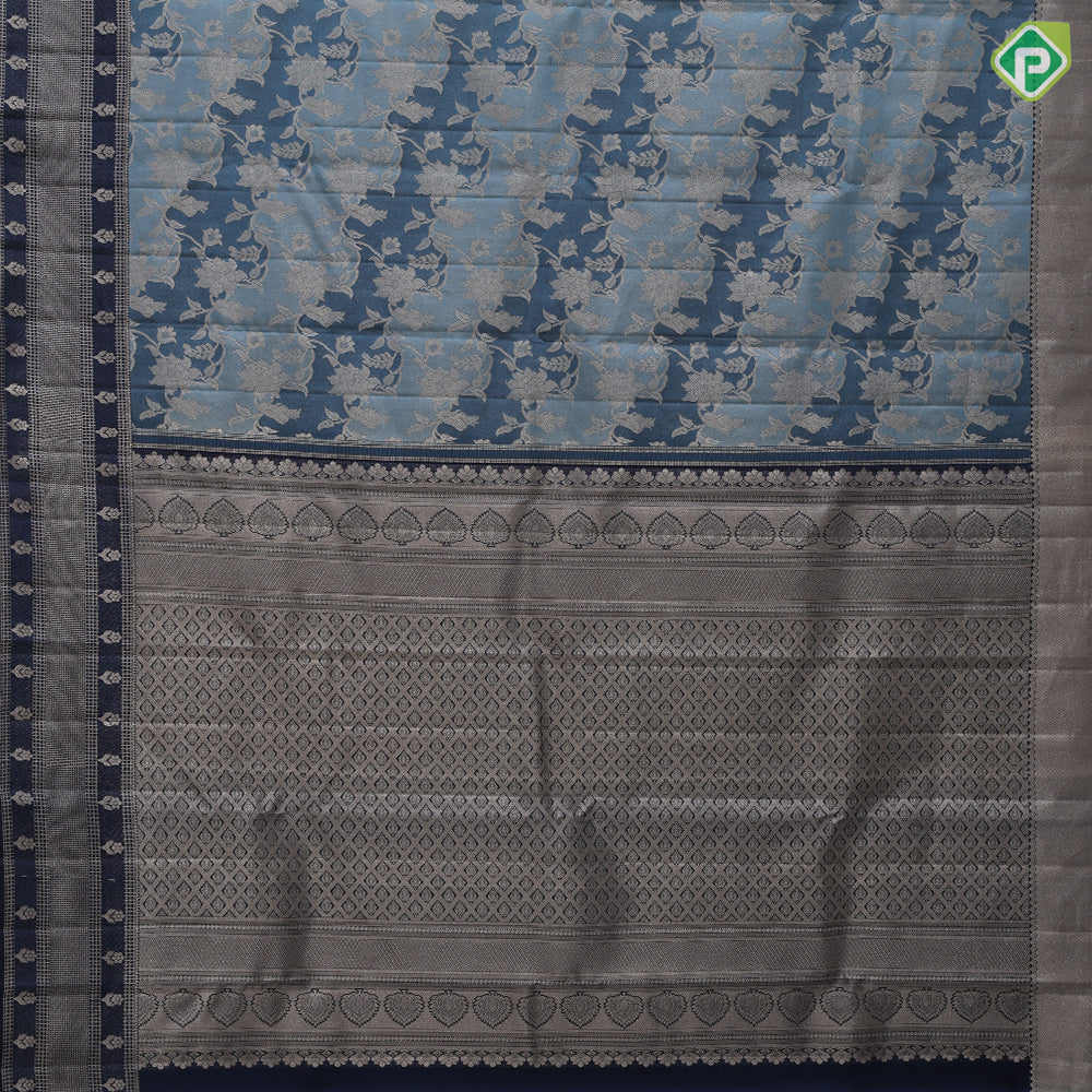 Greyish blue silver gold zari grand floral creeper design admiral blue silver gold zari fancy checks border grand bridal silk saree