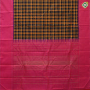 Black base orange and silver gold zari chennai checks design reddish pink silver gold zari lines border traditional silk saree