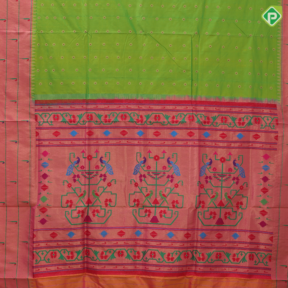 parrot green gold zari flower butta design pink paithani work border and pallu banaras silk saree