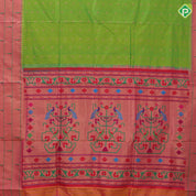 parrot green gold zari flower butta design pink paithani work border and pallu banaras silk saree