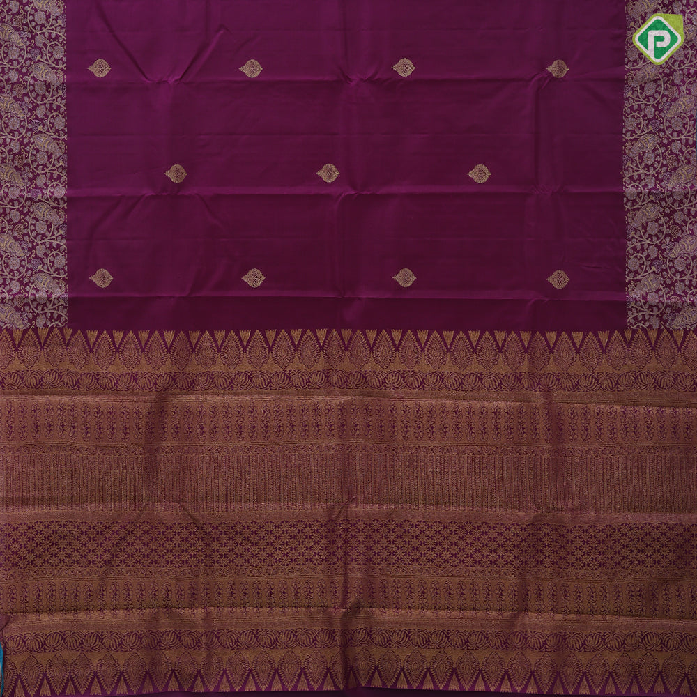 Dark purple gold zari fancy leaf butta design self gold zari grand peacock and creeper design border gift silk saree