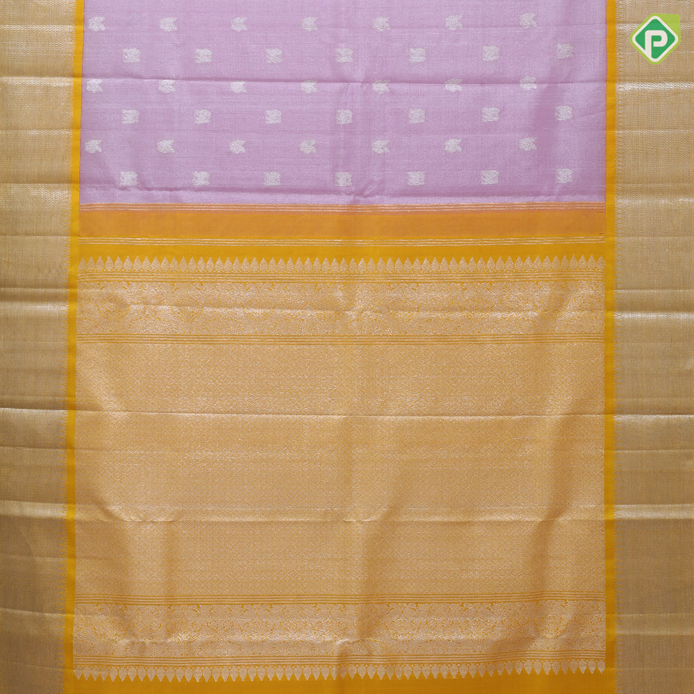 Cherry Blossom Pink Silver Zari Peacock Design Lemon Yellow Thilagam Border Design Tissue Silk Saree