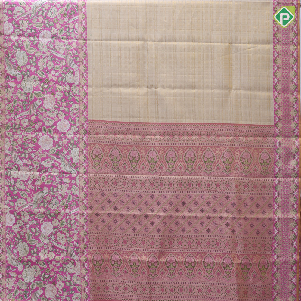 Cream White Gold Zari Big Square Check Bubblegum pink parrot rose cashew detailed Border Wedding Silk Saree