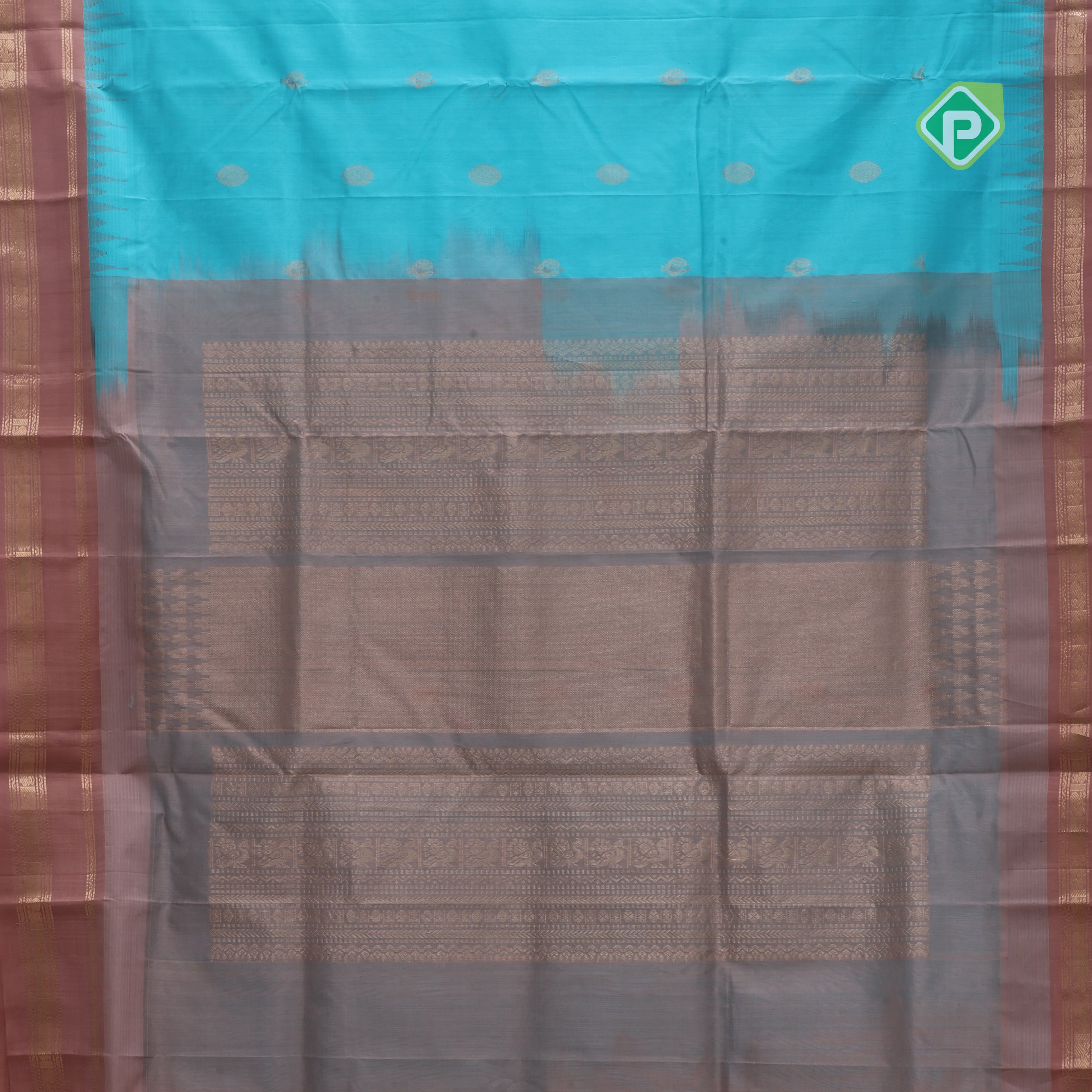Sea blue with zari butta meena work onion pink gold zari border kuppadam silk cotton saree