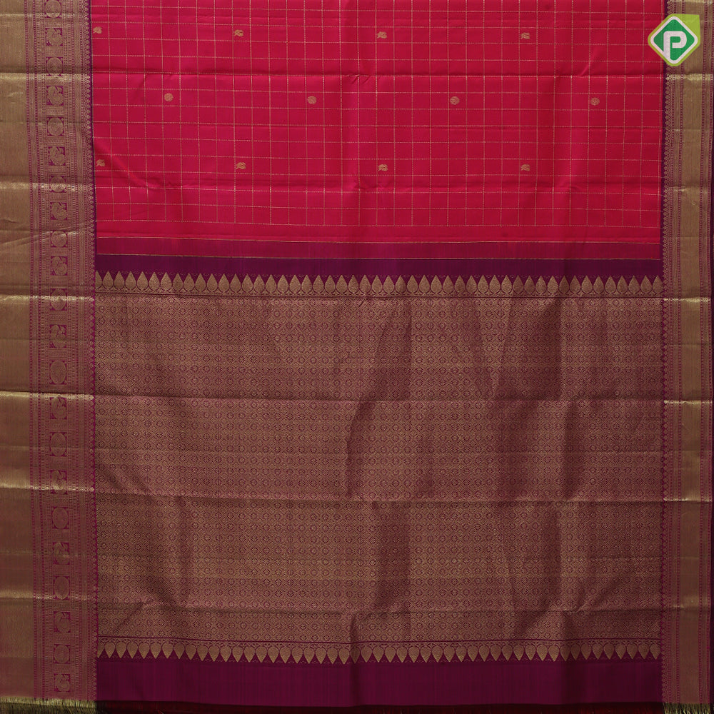 Pinkish red gold zari kattam butta motifs design purple pink gold zari peacock chakkaram butta border traditional silk saree