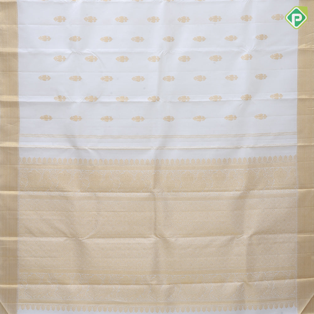 Pure white gold zari gandapiranda butta motifs self gold zari bavanji border traditional silk saree