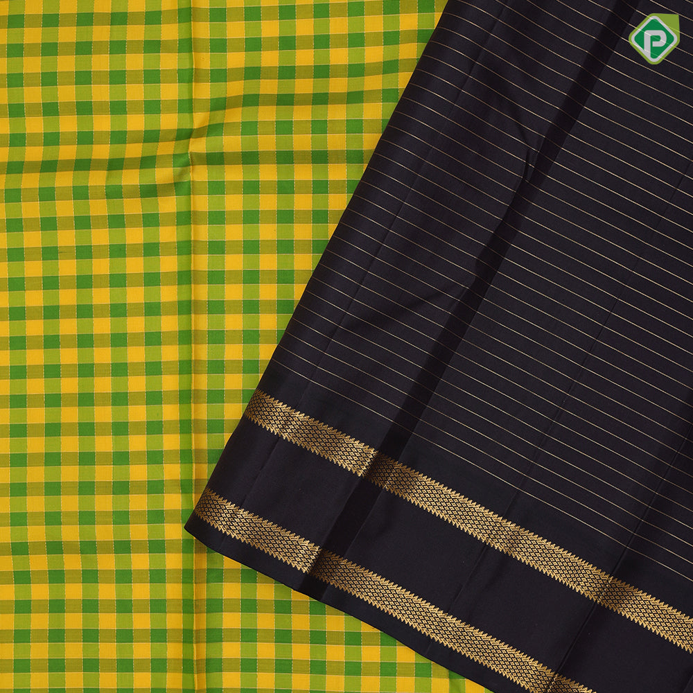 Green and yellow gold zari checks design brown gold zari retta pattai border traditional silk saree