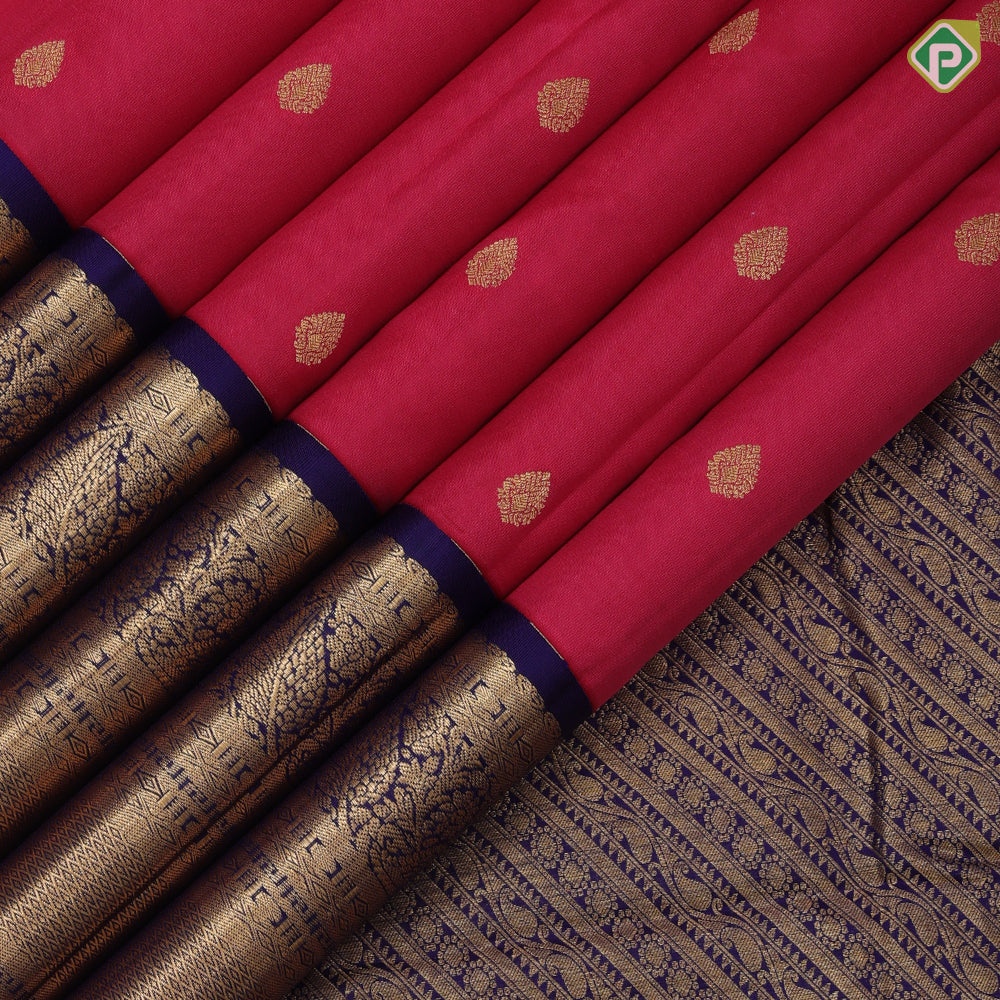 Dark Pink Gold Zari Thilagam Butta Design Royal Blue Ruthracham Mayilkan Border Design Traditional Silk Saree