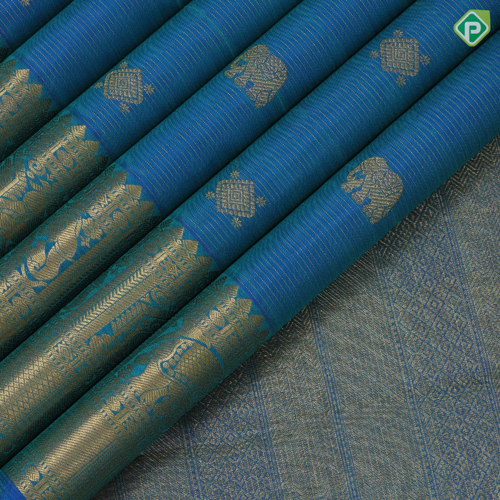 Peacock blue gold zari vairaoosi Elephant square butta self gold zari peacock and gaja butta lines border koorai silk saree