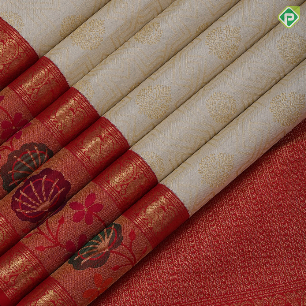 Milk white gold zari rangoli and butta design rani red gold zari mid pythonic meena work border exclusive bridal silk saree