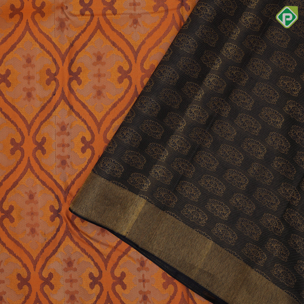 Honey orange silver gold zari blue combo grand rangoli pattern midnight blue gold zari plain edge border trendy designer silk saree