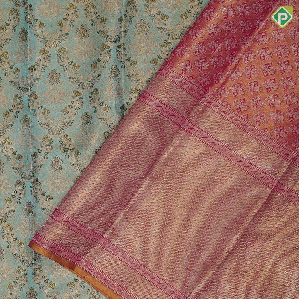 cardamon green gold zari grand meena work design cream pink gold zari flower pot and dancing girls meena work border avtar style tissue silk saree