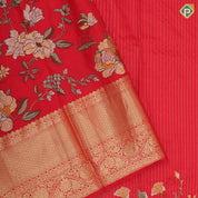 Chilly red silver gold zari stipes and four side floral embroidered self silver gold zari zig zag line border embroidery silk saree