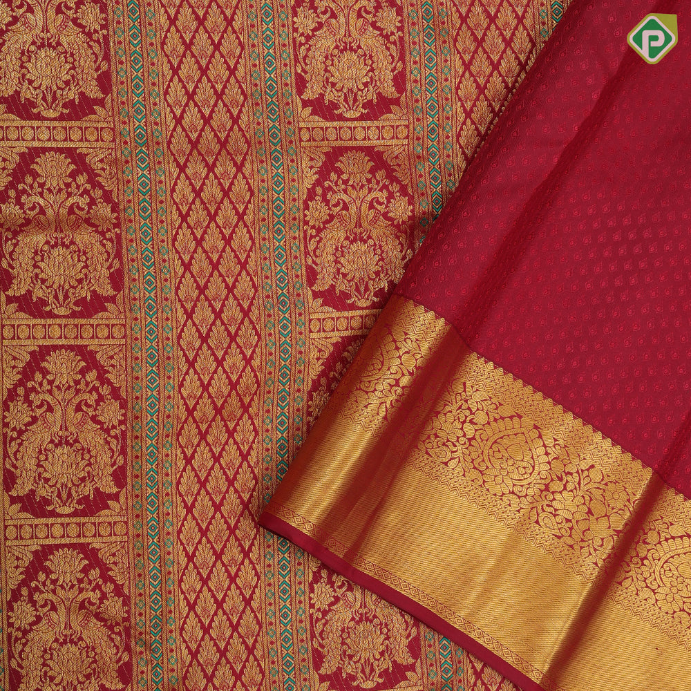 Maroon gold zari thread work double peacock design self gold zari floral bavanji border grand silk saree
