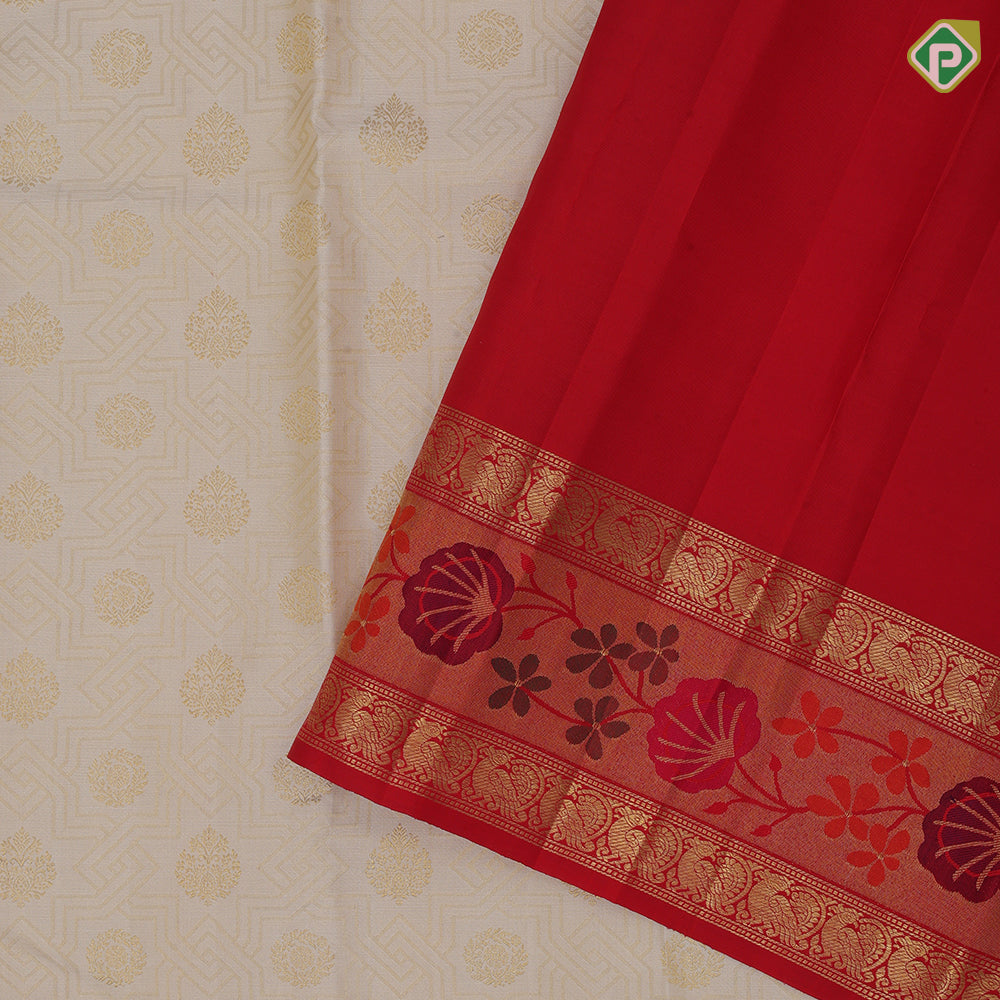 Milk white gold zari rangoli and butta design rani red gold zari mid pythonic meena work border exclusive bridal silk saree