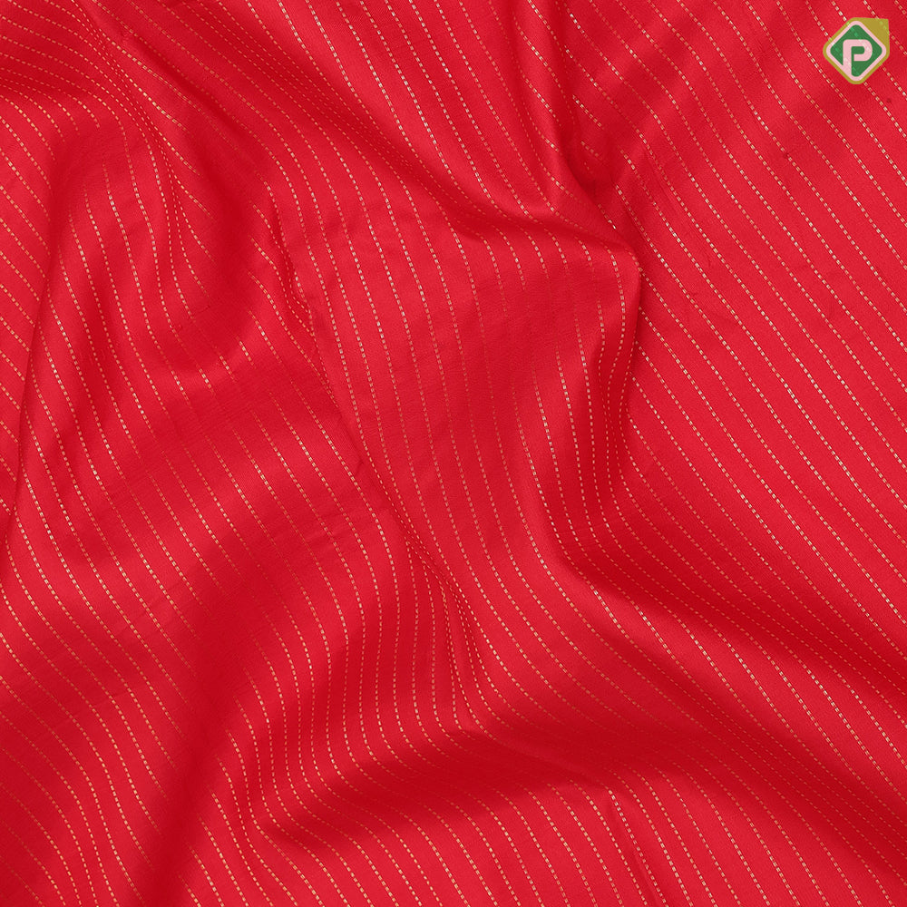 Chilly red silver gold zari stipes and four side floral embroidered self silver gold zari zig zag line border embroidery silk saree