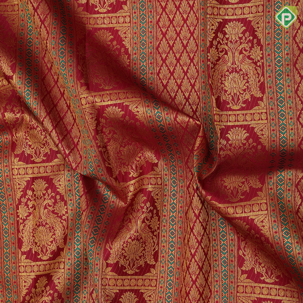 Maroon gold zari thread work double peacock design self gold zari floral bavanji border grand silk saree