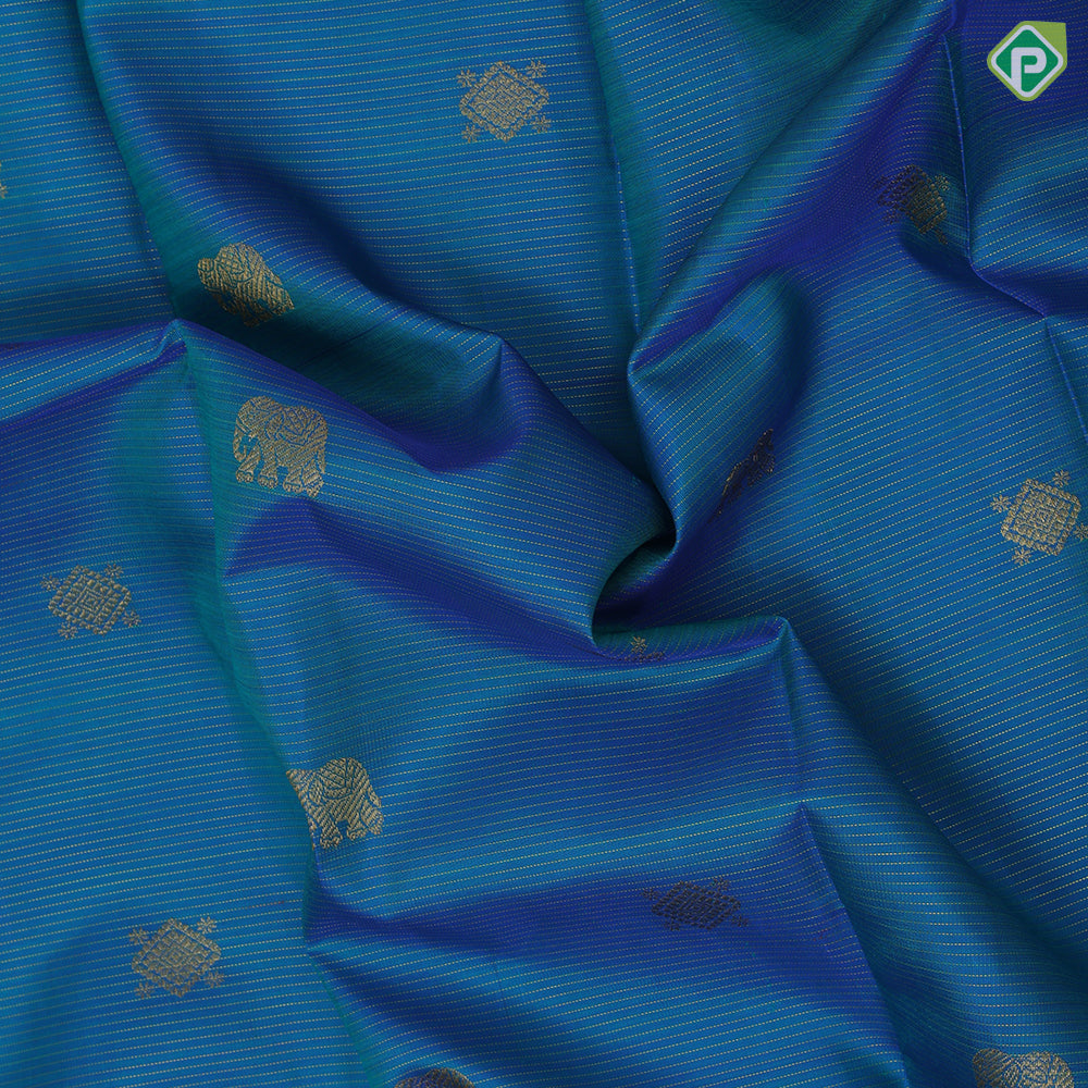Peacock blue gold zari vairaoosi Elephant square butta self gold zari peacock and gaja butta lines border koorai silk saree