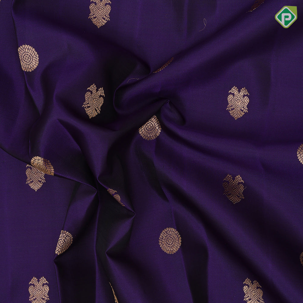 Indigo Colour Gold Zari Gandaberunda Chagaram Butta Design Rexsona Green Ruthracham Elephant Peacock Border Design Pure Mix Silk Saree