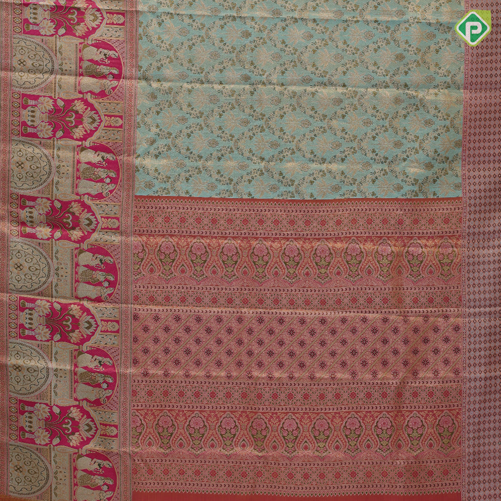 cardamon green gold zari grand meena work design cream pink gold zari flower pot and dancing girls meena work border avtar style tissue silk saree