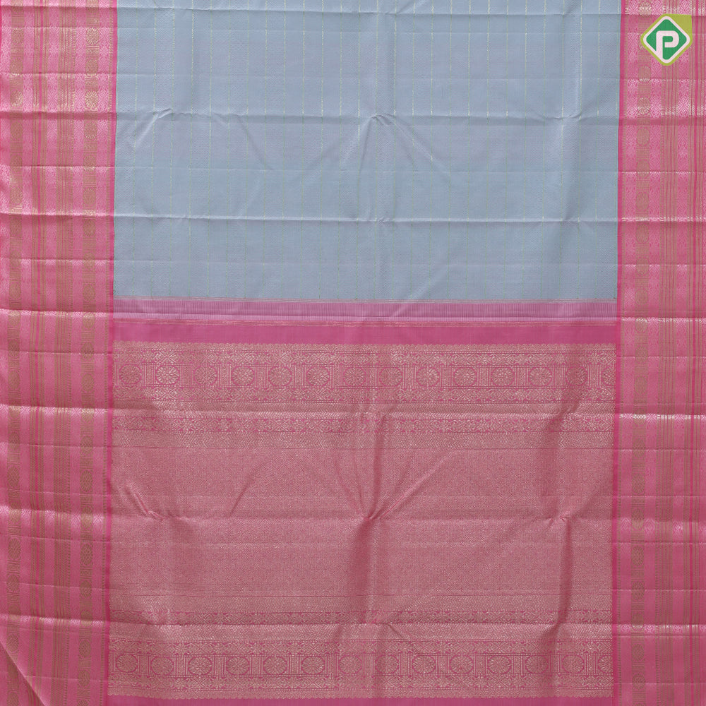 Smoke grey light pink self designed velthari design pink with gold zari and thread work lines border traditional vintage silk saree