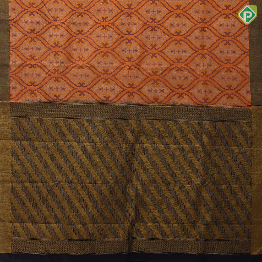 Honey orange silver gold zari blue combo grand rangoli pattern midnight blue gold zari plain edge border trendy designer silk saree