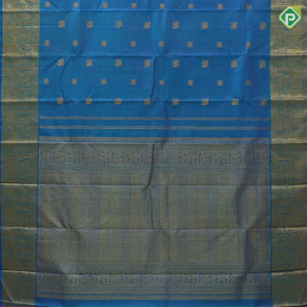 Peacock blue gold zari vairaoosi Elephant square butta self gold zari peacock and gaja butta lines border koorai silk saree