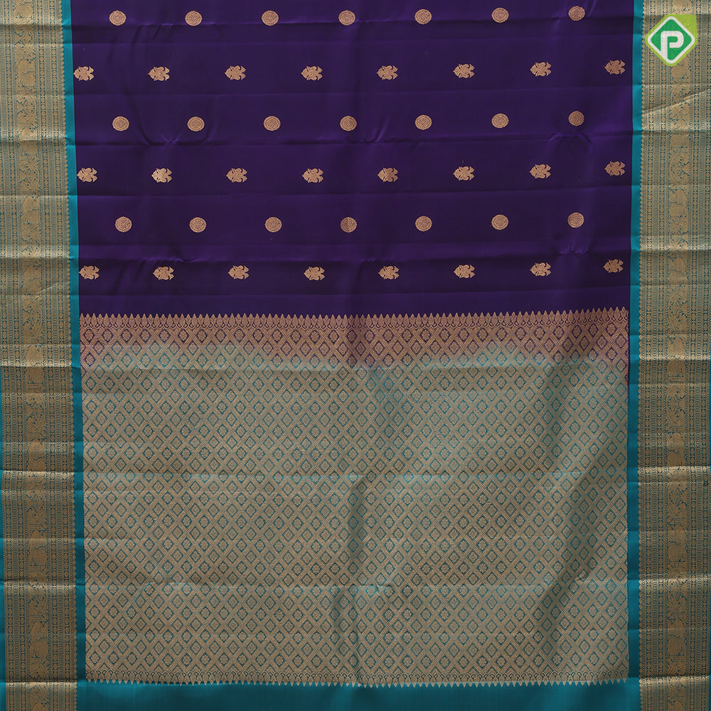 Indigo Colour Gold Zari Gandaberunda Chagaram Butta Design Rexsona Green Ruthracham Elephant Peacock Border Design Pure Mix Silk Saree