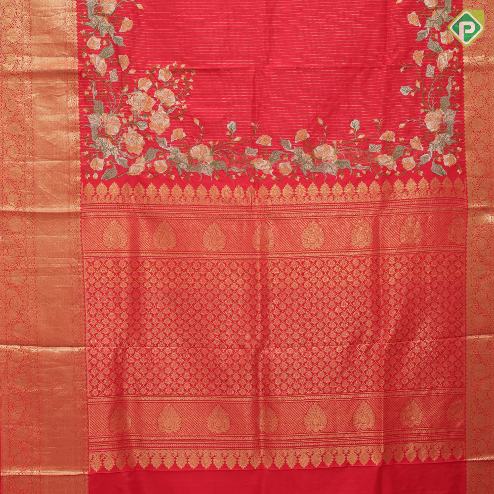 Chilly red silver gold zari stipes and four side floral embroidered self silver gold zari zig zag line border embroidery silk saree