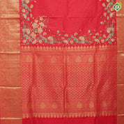 Chilly red silver gold zari stipes and four side floral embroidered self silver gold zari zig zag line border embroidery silk saree