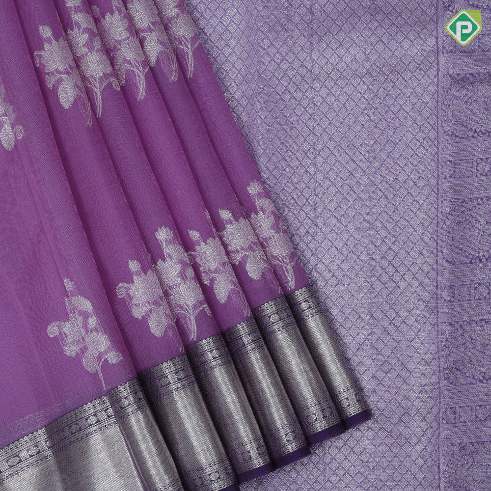 light pink silver zari rose flower bunch design peach pink silver zari crosslines border organza silk saree