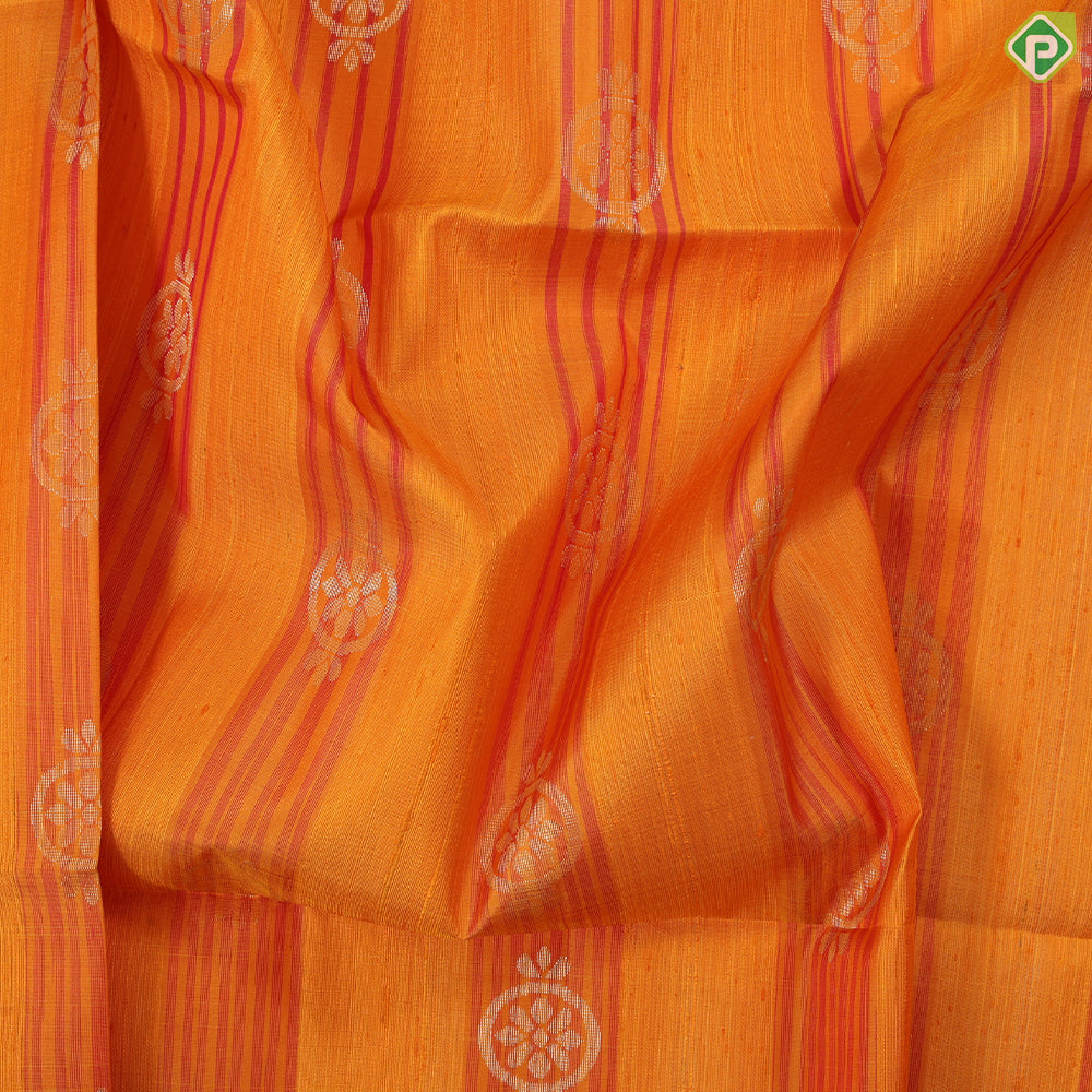 Honey orange rani pink stripes gold zari round flower design borderless grand pallu soft silk saree