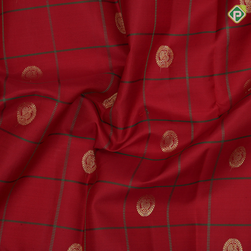 Chilly red silk thread padded gold zari stripe checks bottle green gold zari peacock border traditional silk saree