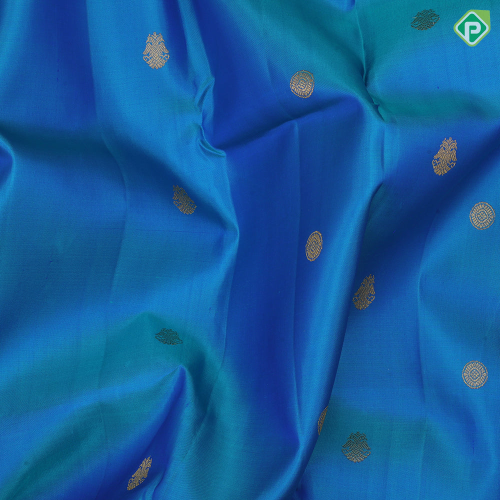 Peacock Blue Gold Zari Gandaberunda Chagaram Butta Design Magenta Peacock Mayilkan Border Design Traditional Silk Saree