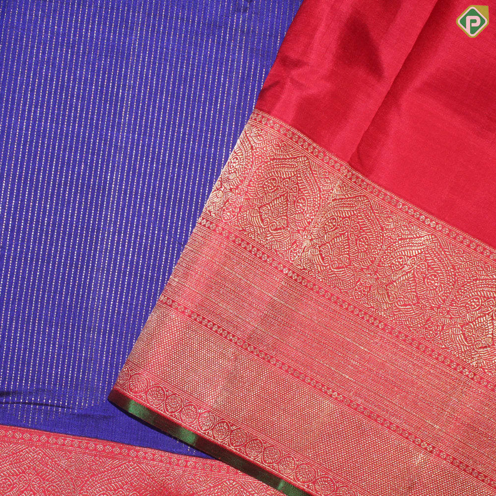 Ink Blue Silver Copper Zari Velthari Stripes Contrast Brick Red Gold Zari High Border Traditional Silk Saree