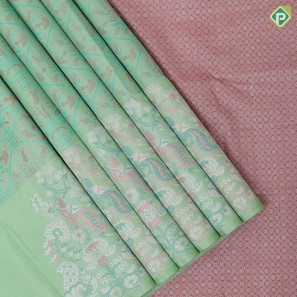 Pista green multi color thread fancy flower pot design self multi color zari peacock fancy butta border trendy designer silk saree