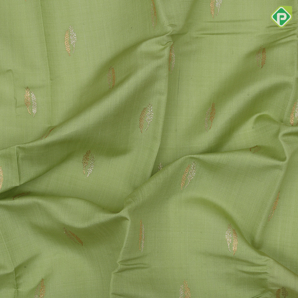 Cardamon green silver gold zari double cone butta mustard yellow silver gold zari rangoli border traditional silk saree