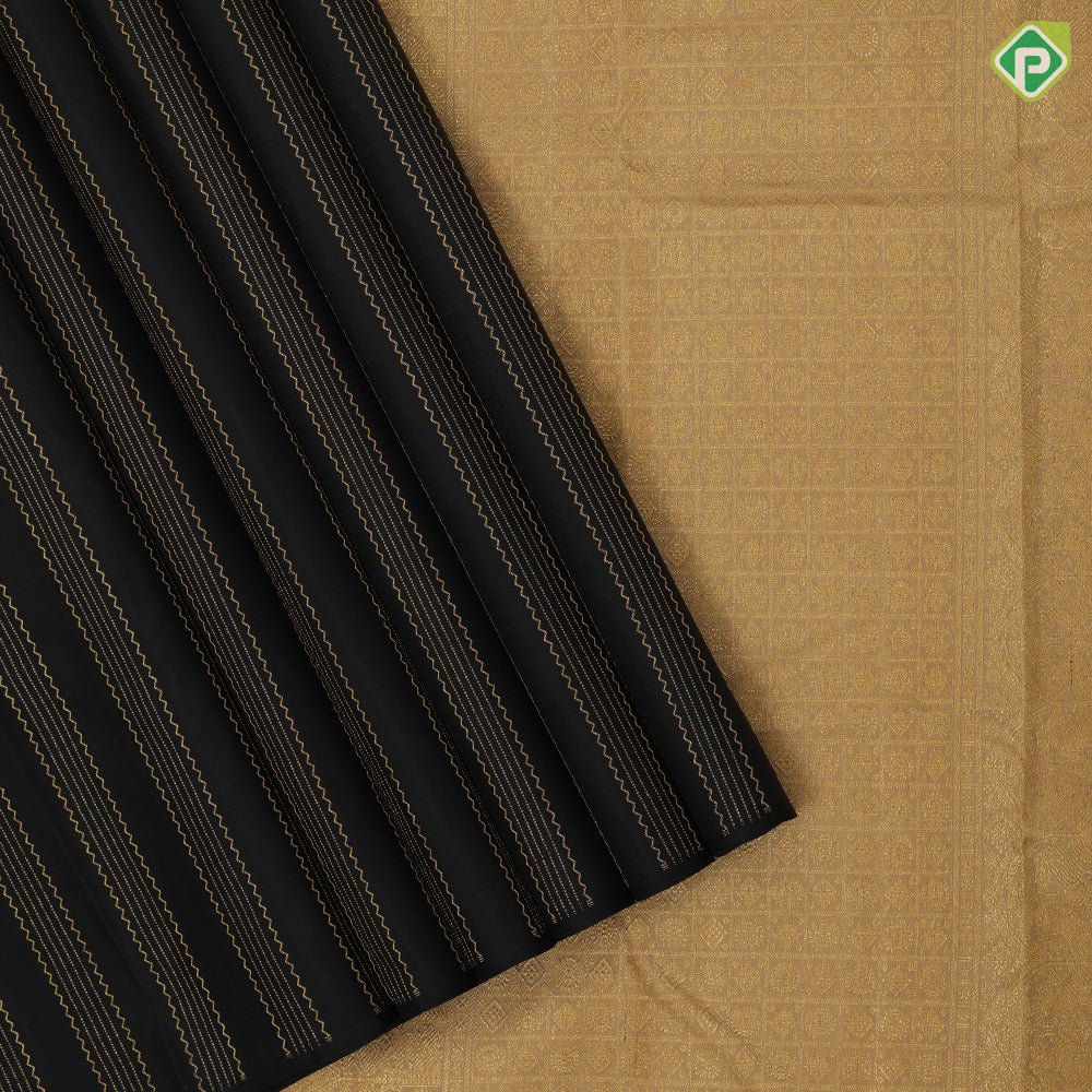 Luxury black gold zari zig zag stripes design borderless traditional silk saree